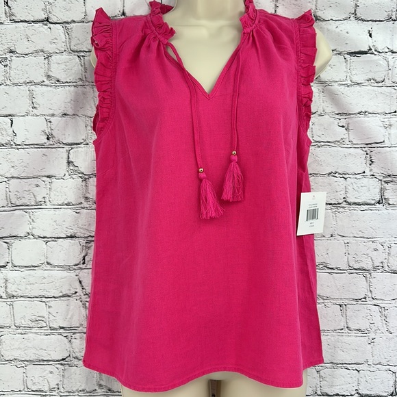 ELLEN TRACY NWT Linen-Blend Ruffle Sleeveless Top w/Tassel SMALL Fuchsia Pink - Picture 2 of 7